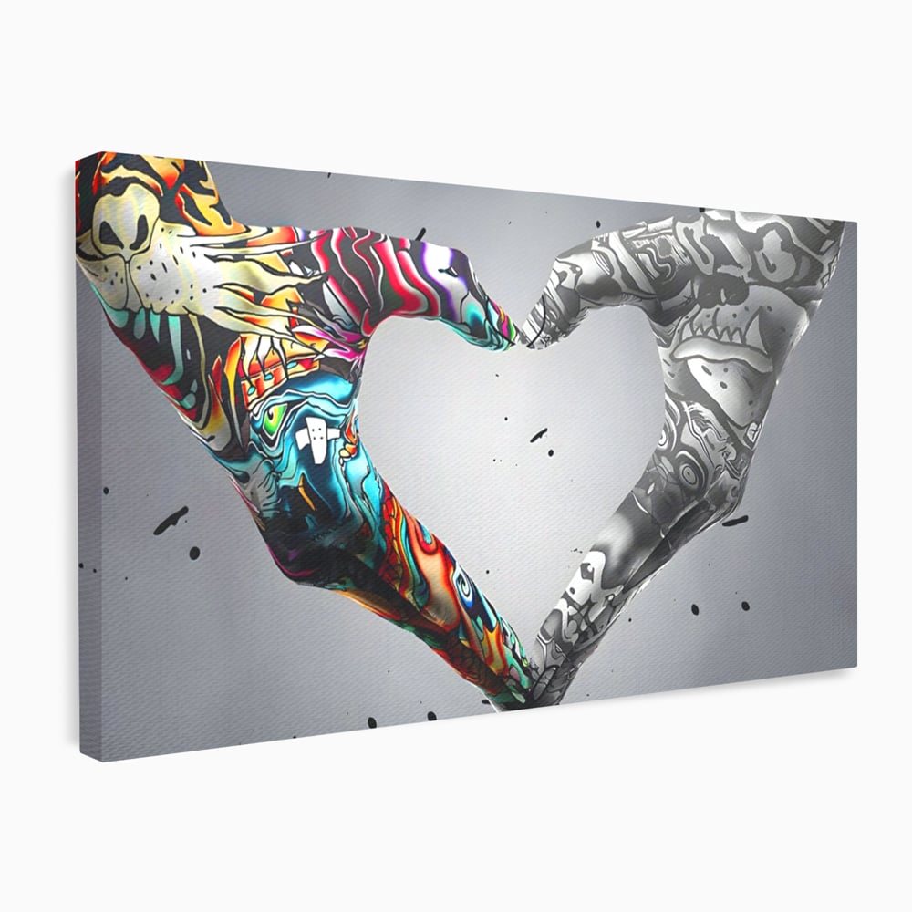 Tablou canvas cu tablou canvas cu maini in forma de inima stil grafitti, fara rama, pe sasiu de lemn